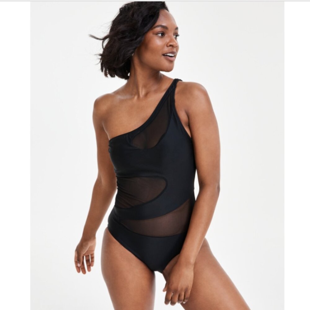 Bar III Womens One-Shoulder Mesh Cuto Black Size M  9221